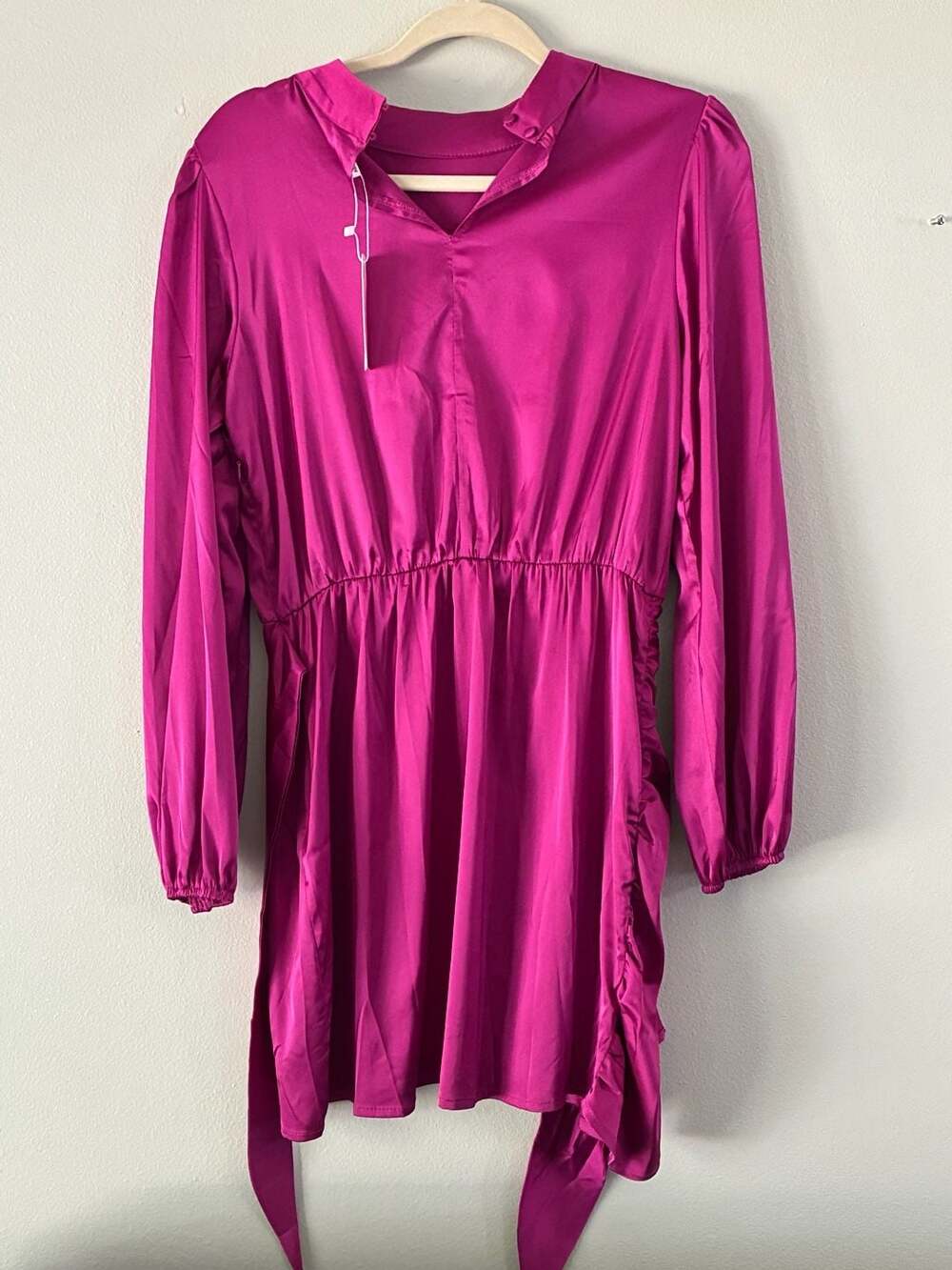 Glam Magenta Satin Long Sleeve Ruched Mini Dress Size M